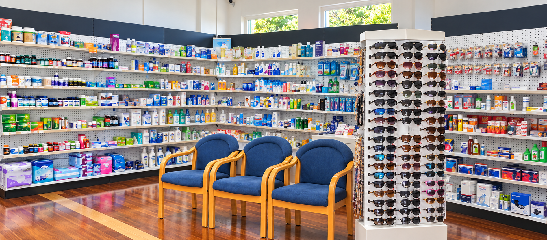Inside Williams Pharmacy with health product shelves and waiting chairs.