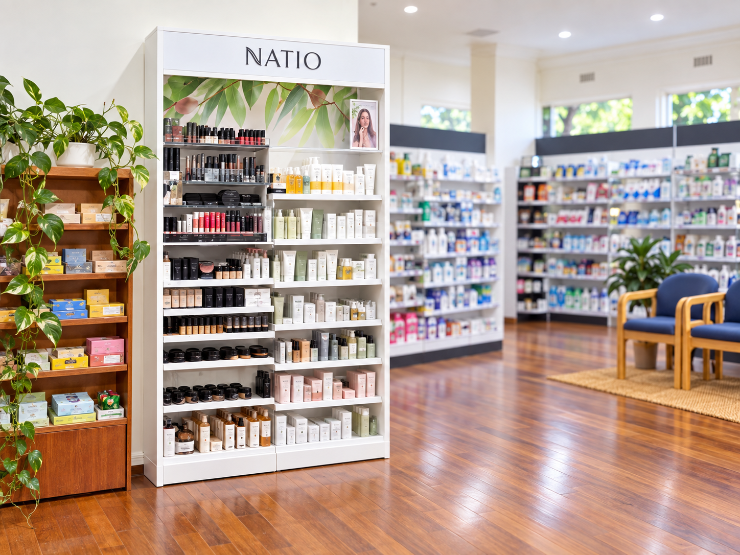 Natio skincare and makeup display beside gift shelves.