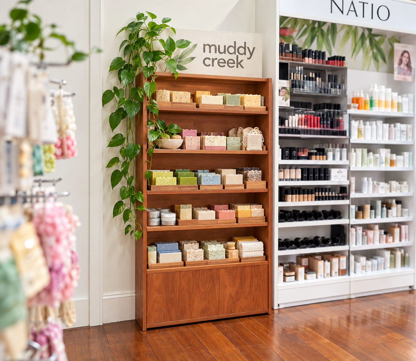 Muddy Creek handmade soaps on a timber shelf.