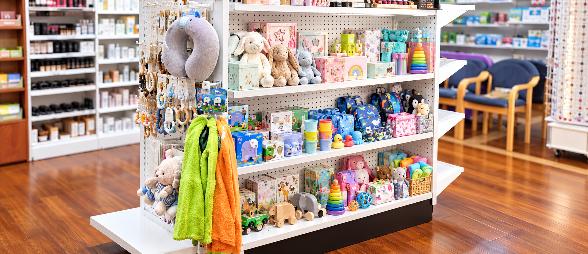 Soft toys, wooden toys and kids' bags on a display stand.