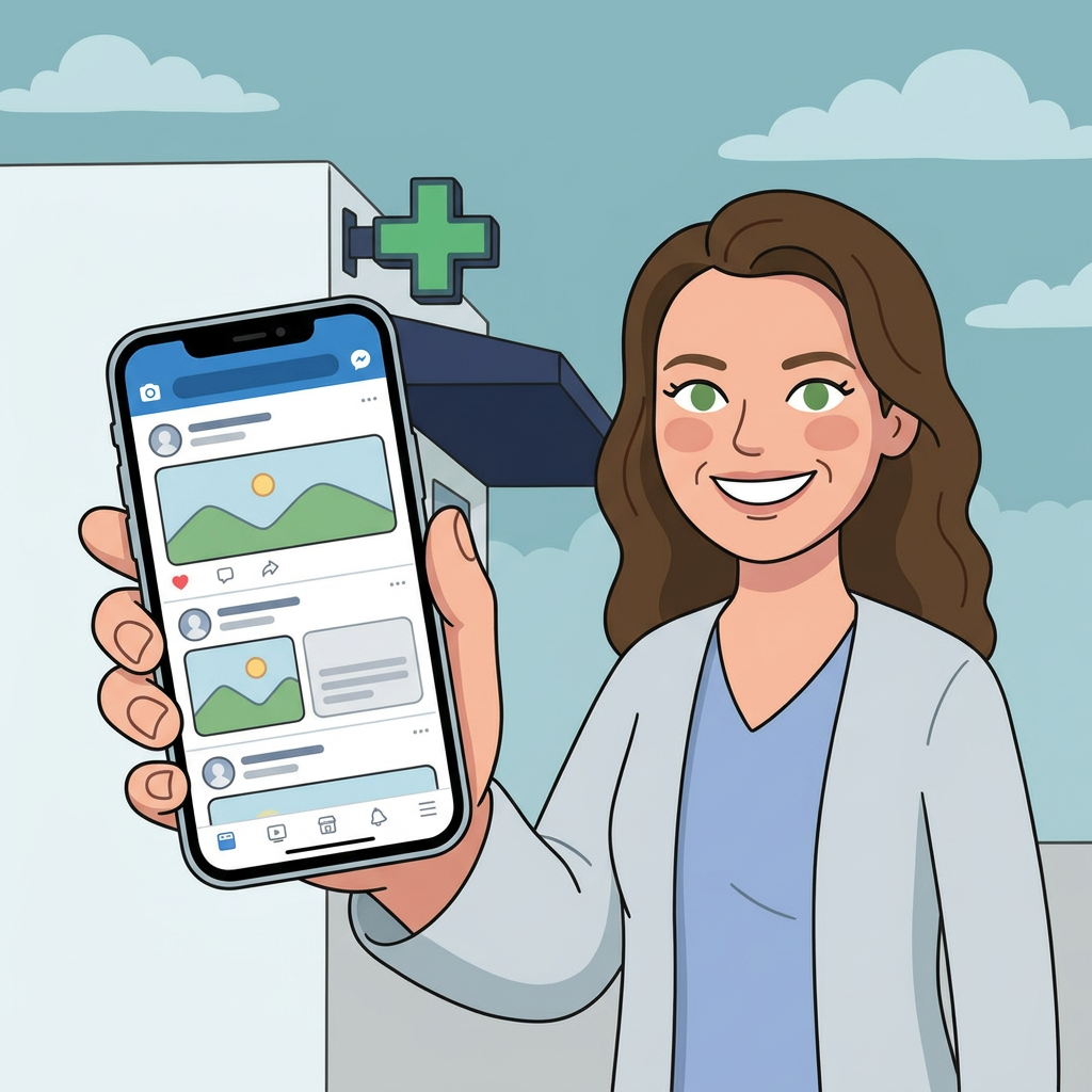 Williams Pharmacy pharmacist holding a phone showing our Facebook page.