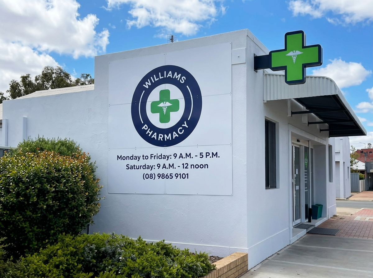 The Williams Pharmacy storefront on Albany Highway, with the green pharmacy cross sign above the entrance.