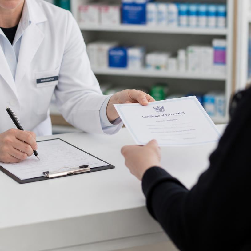 Illustration of a pharmacist writing a medical certificate