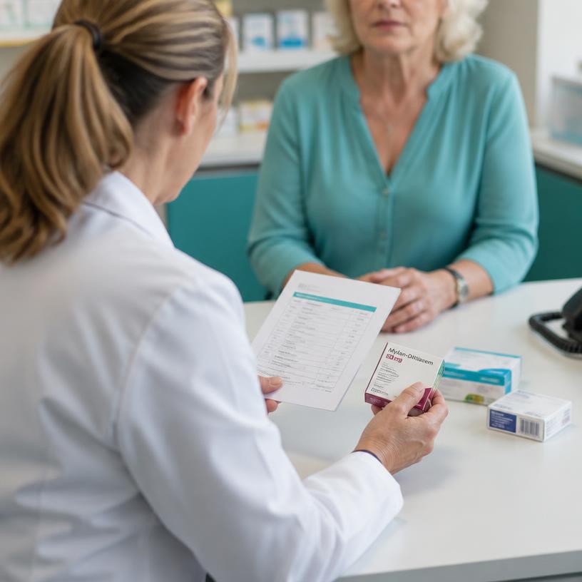 Pharmacist reviewing medications with a patient during a MedsCheck consultation