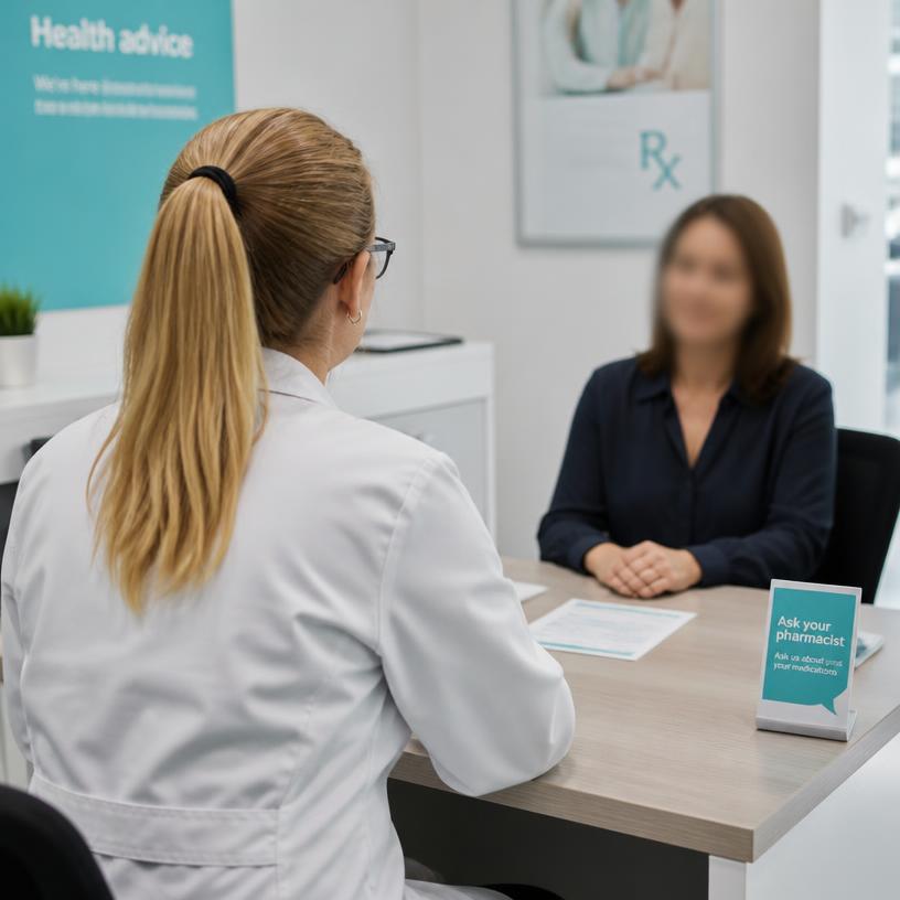 Illustration of a pharmacist consulting privately with a patient