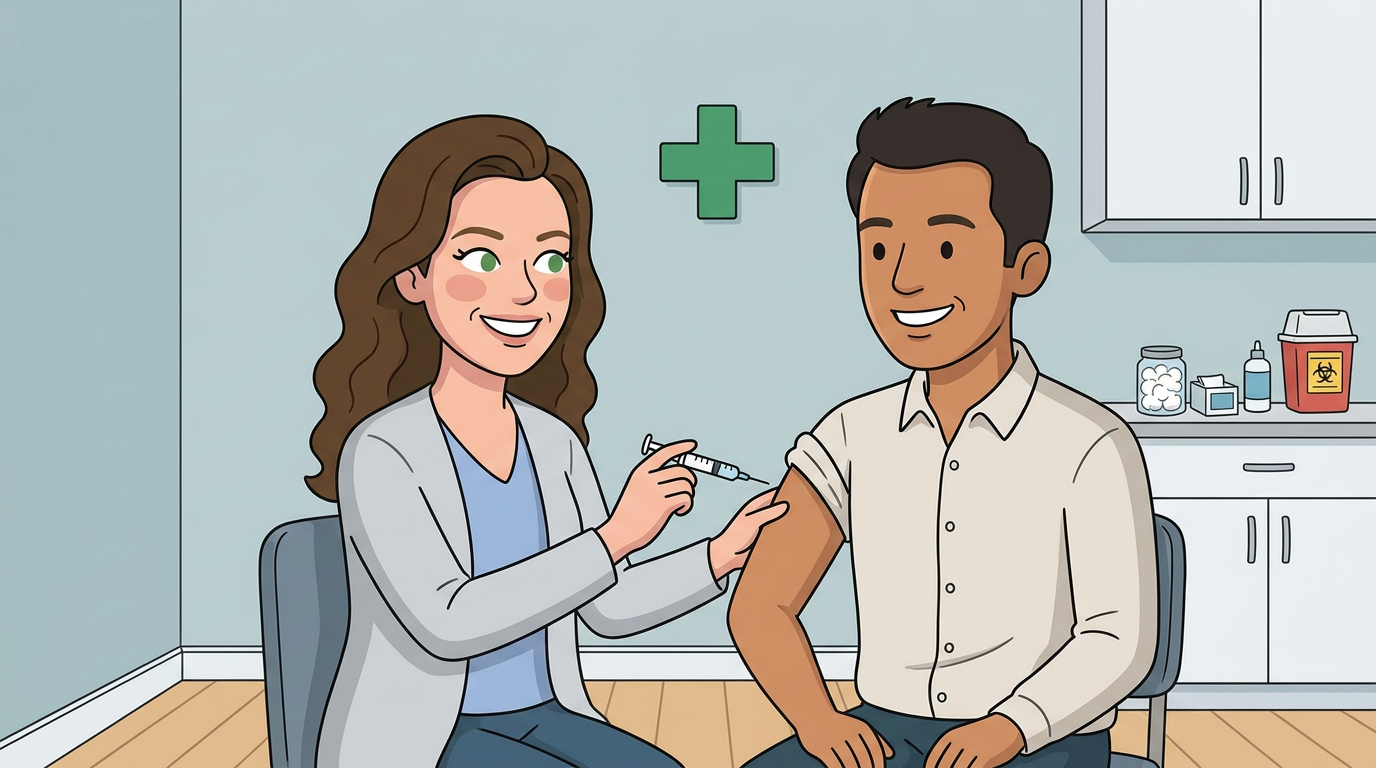 A pharmacist administering an influenza vaccination to a patient at Williams Pharmacy.